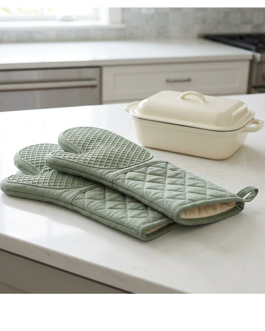 Nevas Long-Cuff Quilted Oven Mitt Pair 36 cm Sage - Lifestyle view